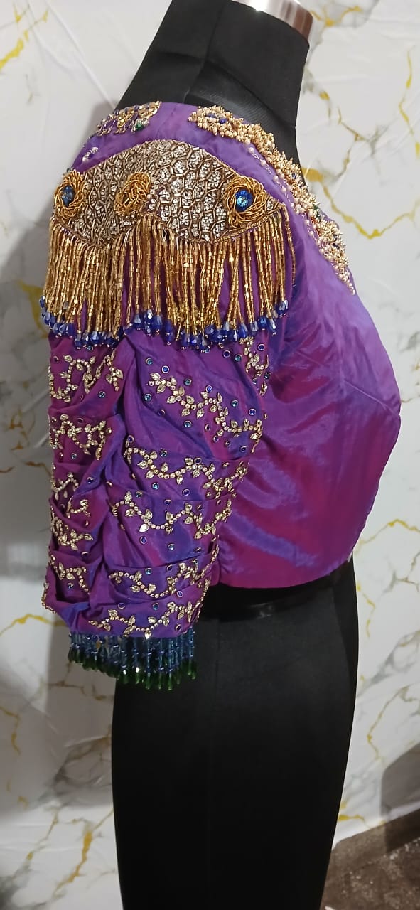 Purple Aari Work Blouse with Golden Embroidery
